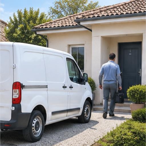 Illustration générée : Un technicien arrive au domicile avec son matériel