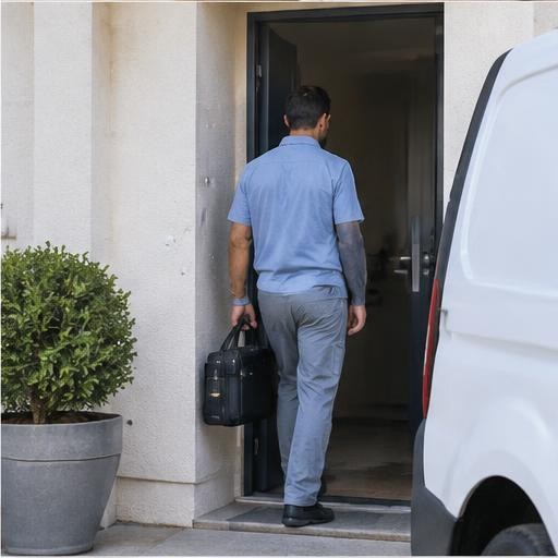 Illustration générée : Un technicien en tenue neutre entre discrètement dans un logement