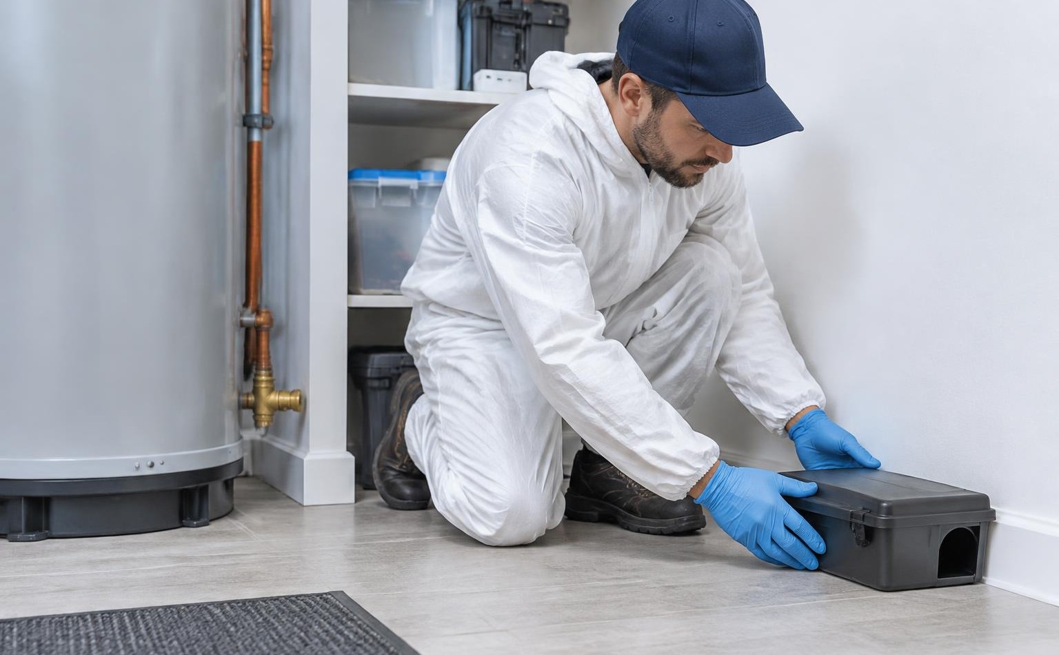 Illustration générée : expert installant un poste sécurisé contre les rongeurs