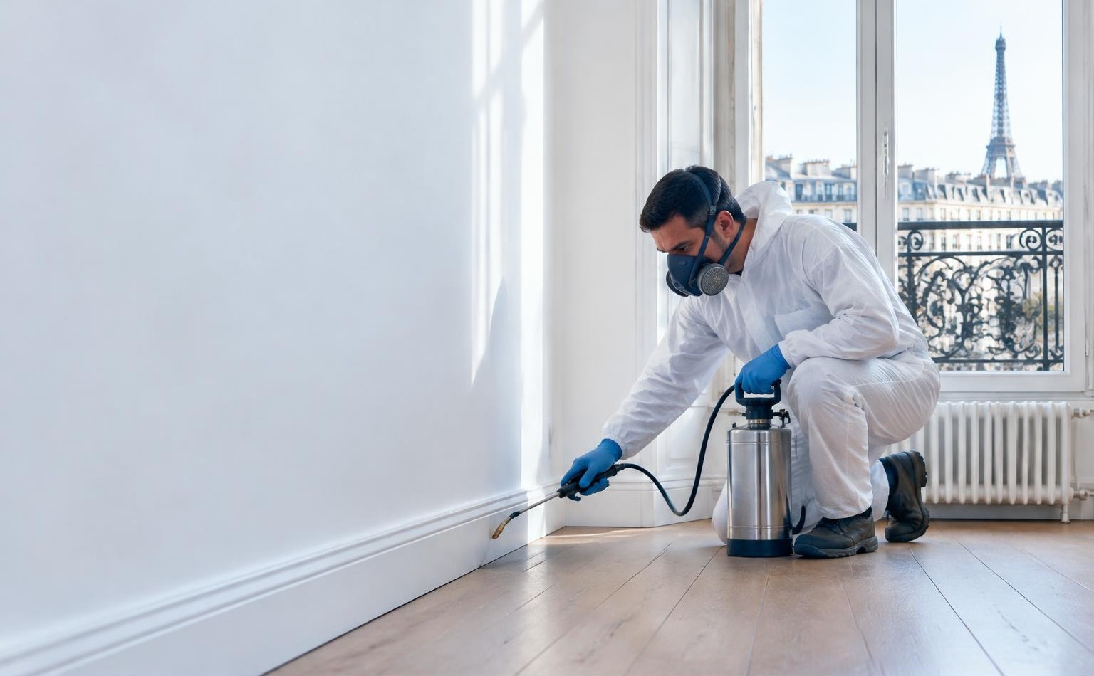 Technicien spécialisé réalisant un traitement ciblé dans un appartement
