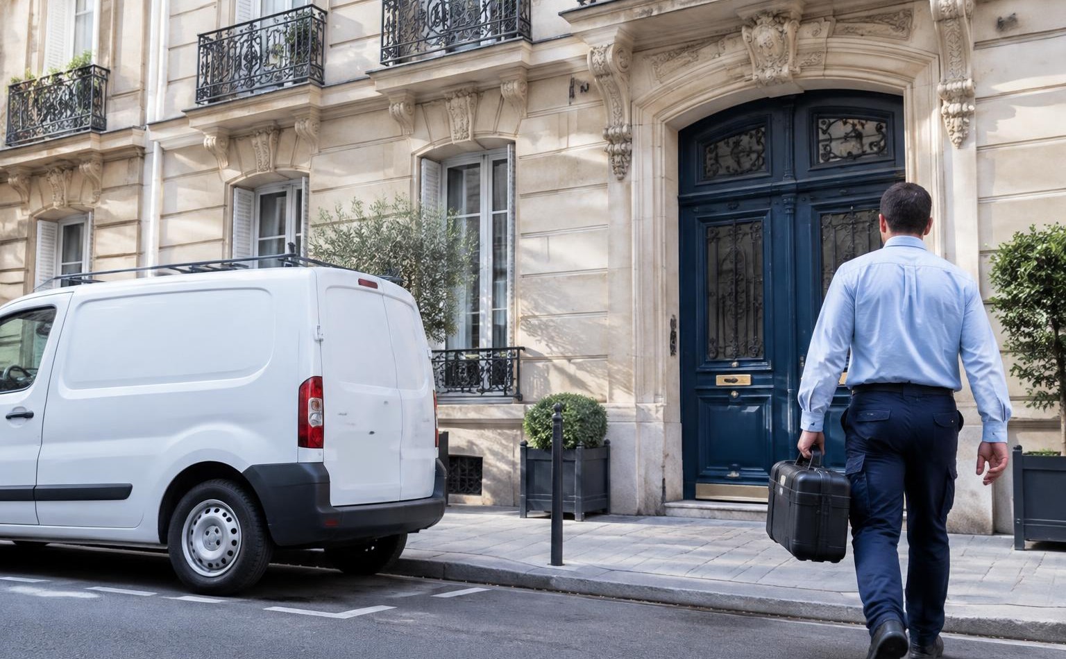 Illustration générée : professionnel avec son équipement devant un immeuble parisien