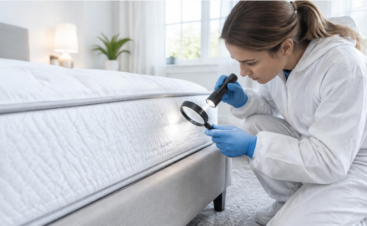 Illustration générée : experte inspectant les coutures d’un matelas