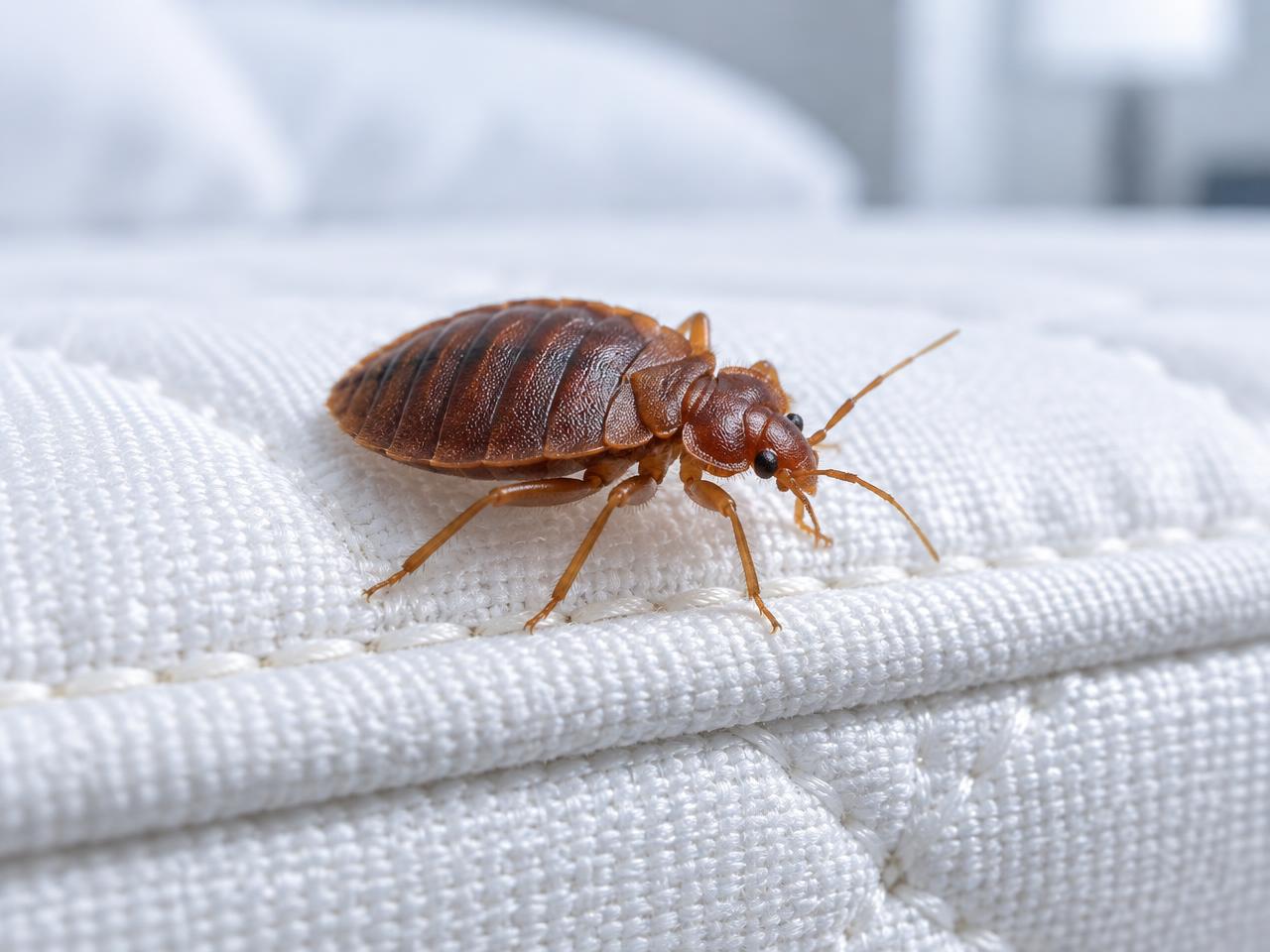 Illustration générée : punaise de lit en gros plan sur la couture d’un matelas
